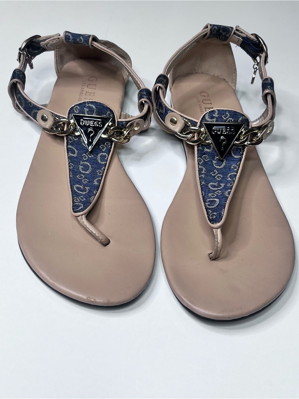 GUESS Beige and Blue Logo T-Strap Sandals with Gold Chain Detail